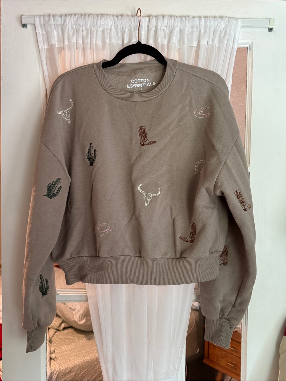 Taupe Embroidered Western Crewneck Sweater